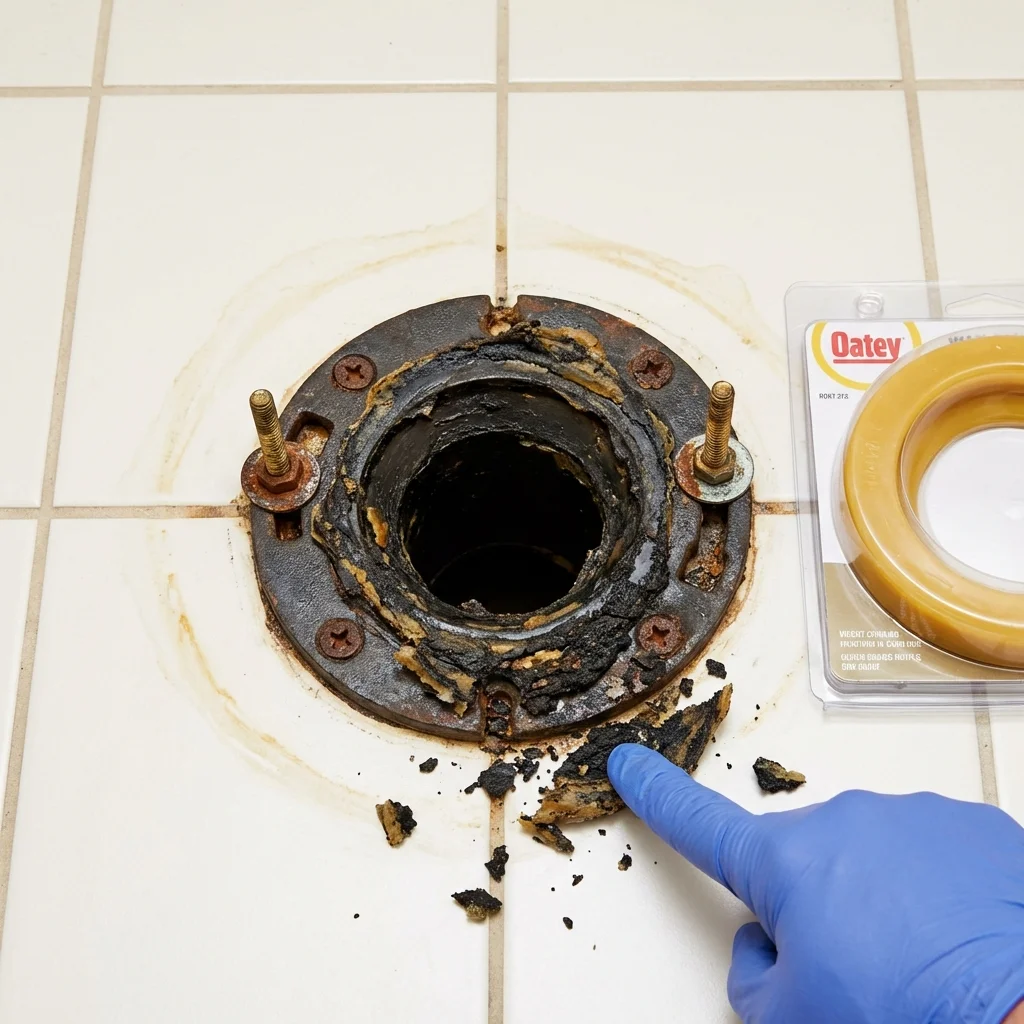 Failed wax ring showing water seepage at the base of a toilet in a Bristol, VA home