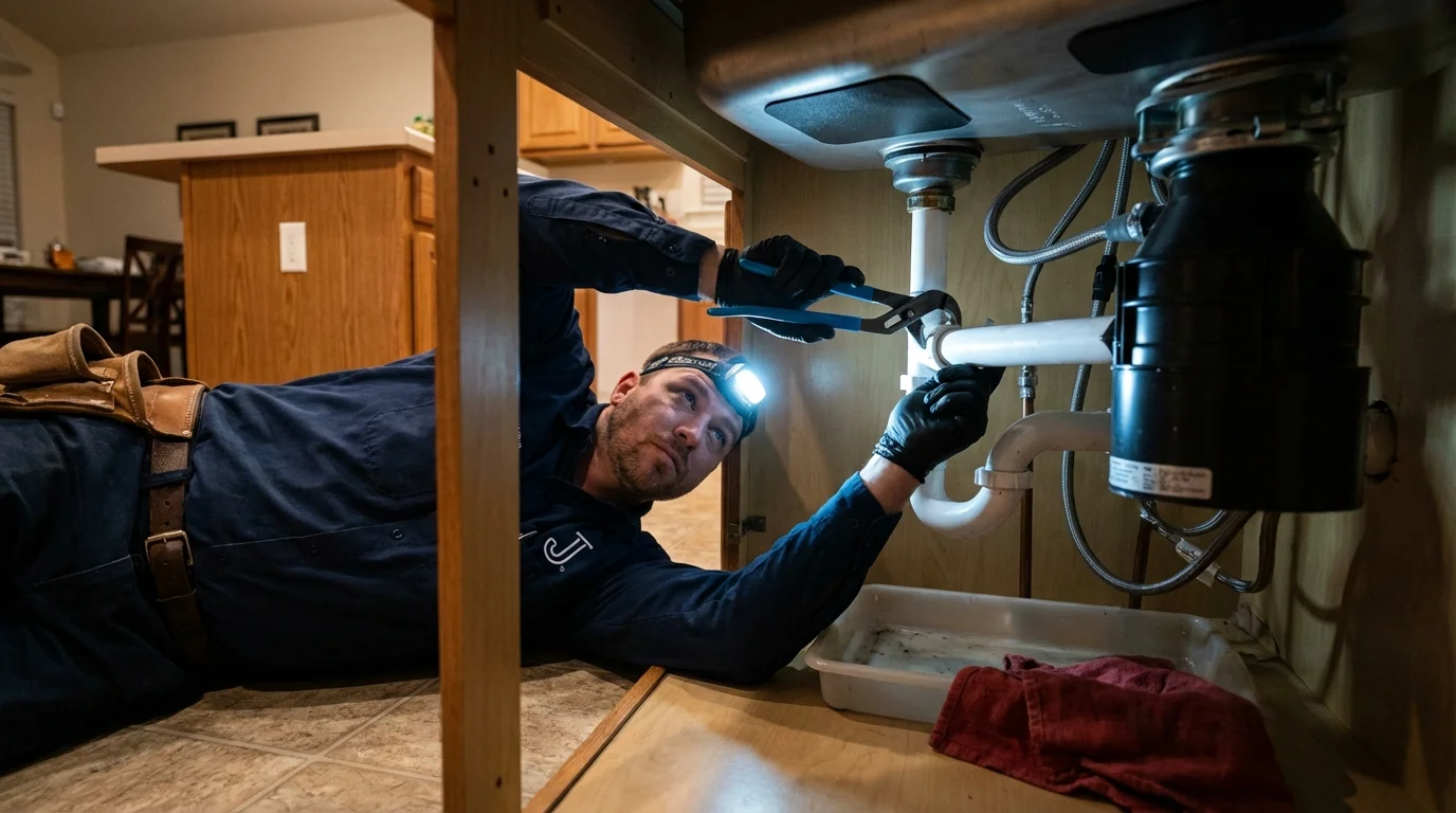 P-trap and supply line connections under a kitchen sink showing a common leak point in Bristol, VA